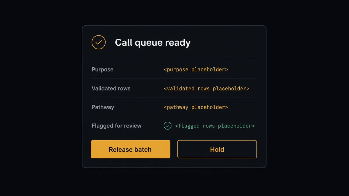 A dark Slack-style approval card on a #0C0E12 field titled "Call queue ready"