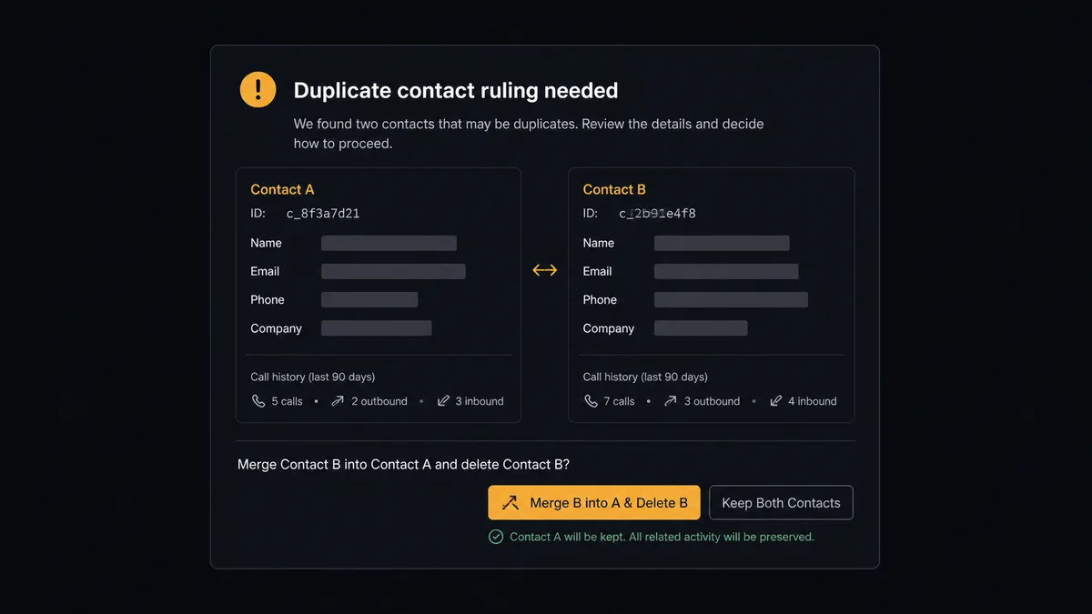 A dark Slack-style approval card on a #0C0E12 field titled "Duplicate contact ruling needed" showing two contact cards side by side with differing field rows rendered as redacted bars and small call-history icons beneath each