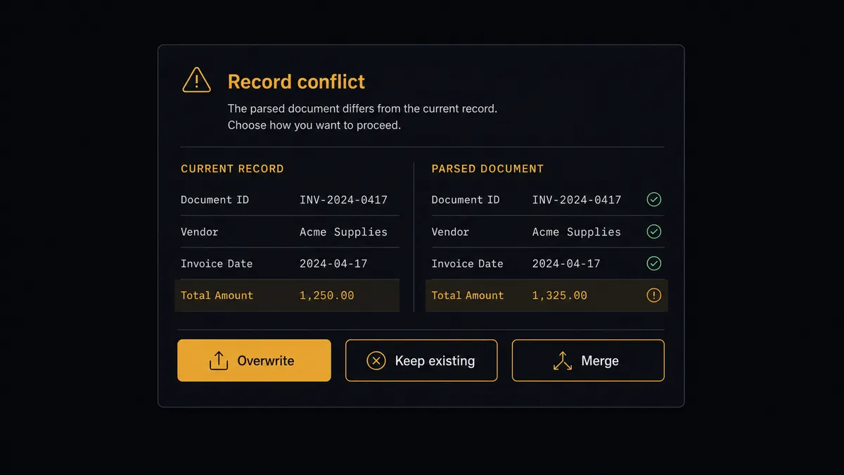 A dark Slack-style approval card on a #0C0E12 field titled "Record conflict"